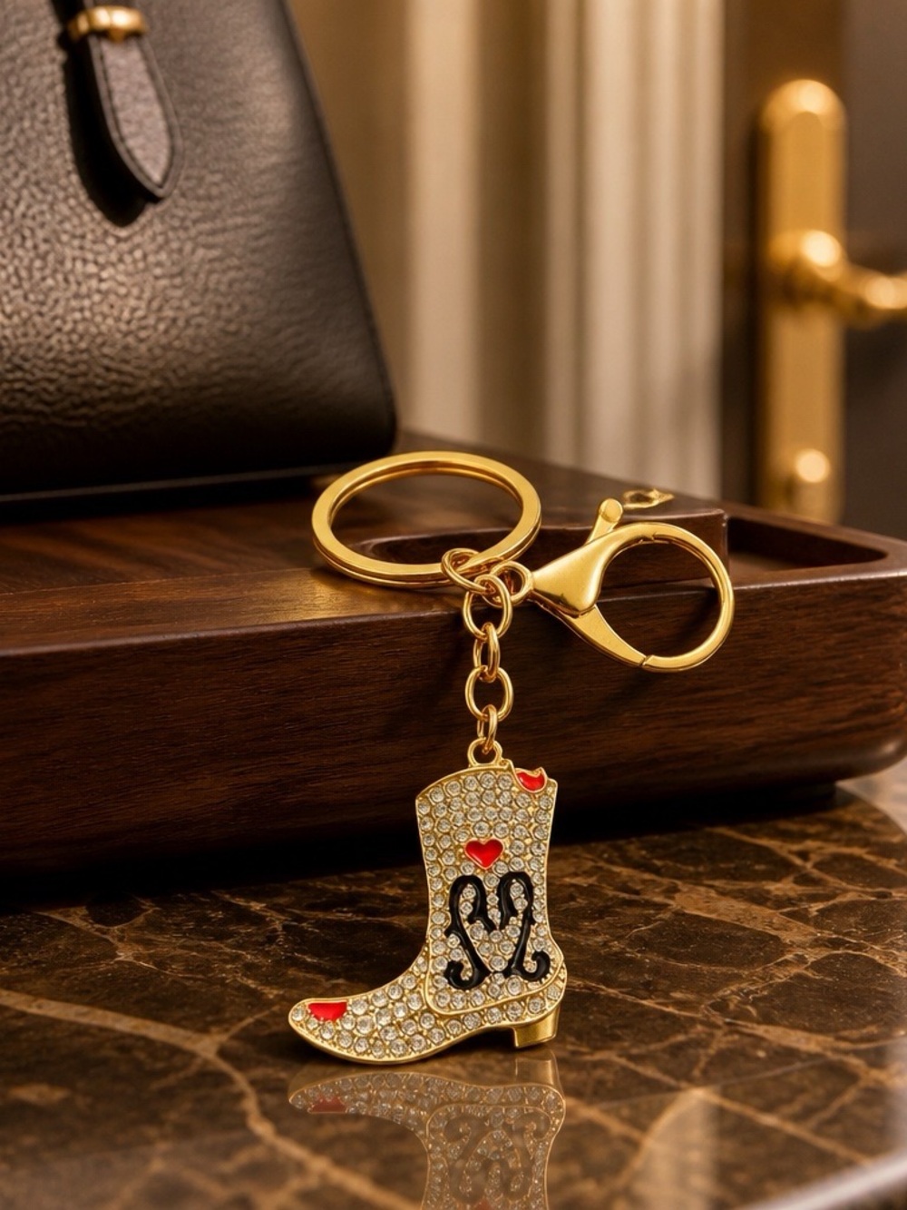 Gold Crystal Cowboy Boot Keychain with Red Heart Accent
